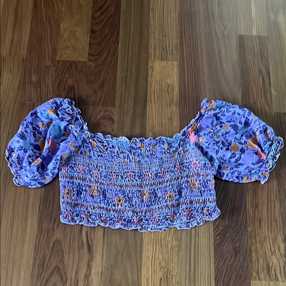 Sea Lustre Purple Puff Sleeve Smocked Crop Blouse
